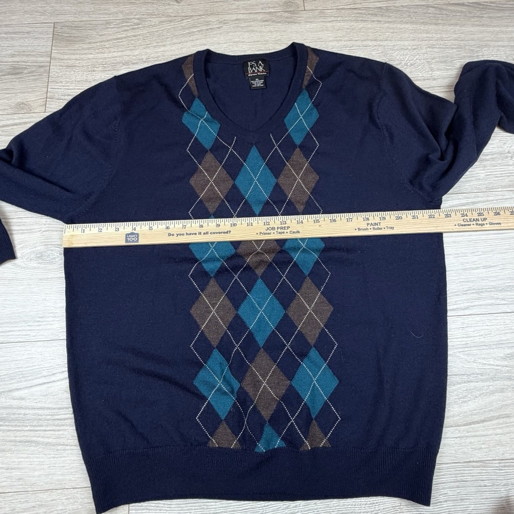 JOS A BANK Mens XL V-Neck Argyle Merino Wool Sweater Navy Blue Teal Long Sleeve - Picture 3 of 6